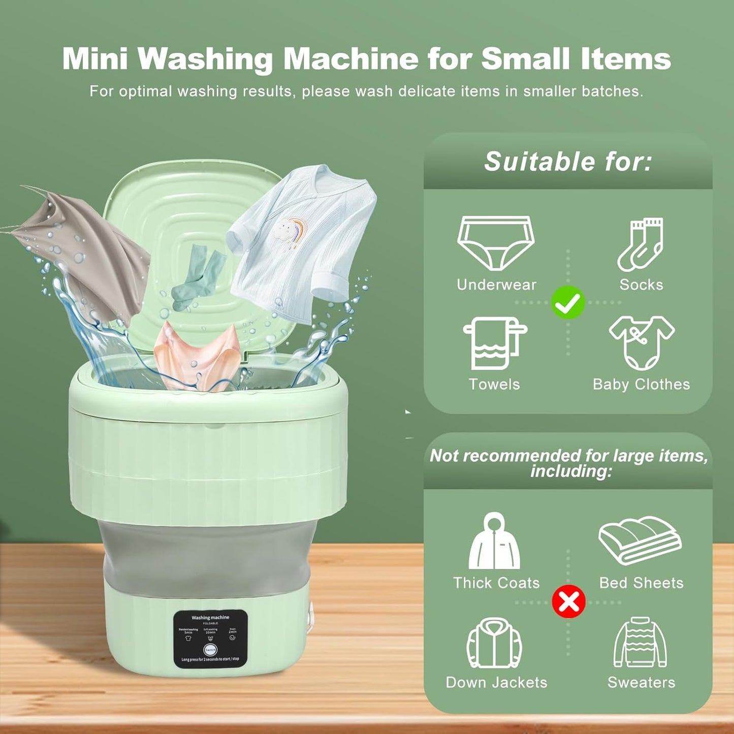 Portable Washing Machine, 9L, 3 Modes, Blue Light Disinfection, Ideal for Underwear, Socks, Baby Clothes. Foldable for Space-Saving, Perfect for Apartments, Hotels, Camping & Travel (Green)