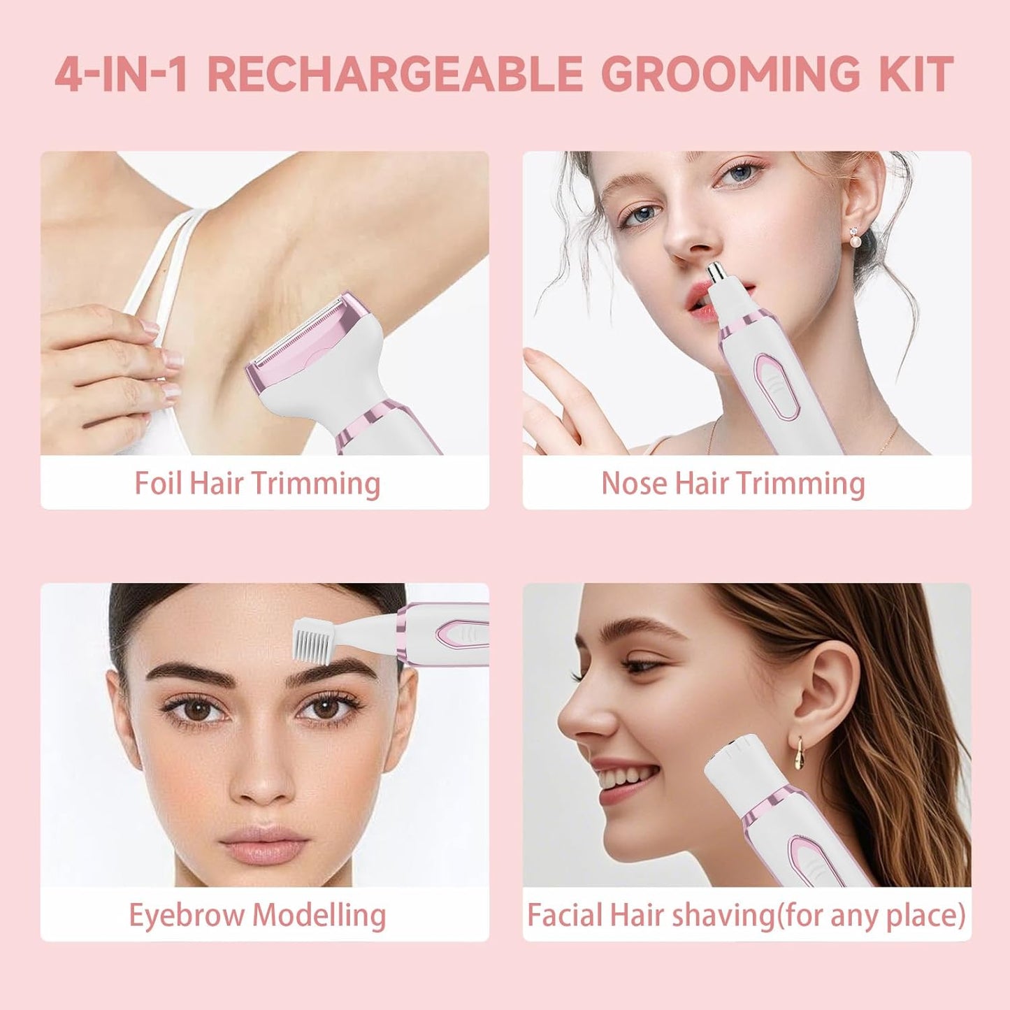 Electric Razors Shaver for Women Painless 4 in1 Women Shaver Cordless Rechargeable Facial Eyebrow Razors & Nose Hair Trimmer Lips Body Bikini Trimmer for Womens Grooming Kit 3028 White