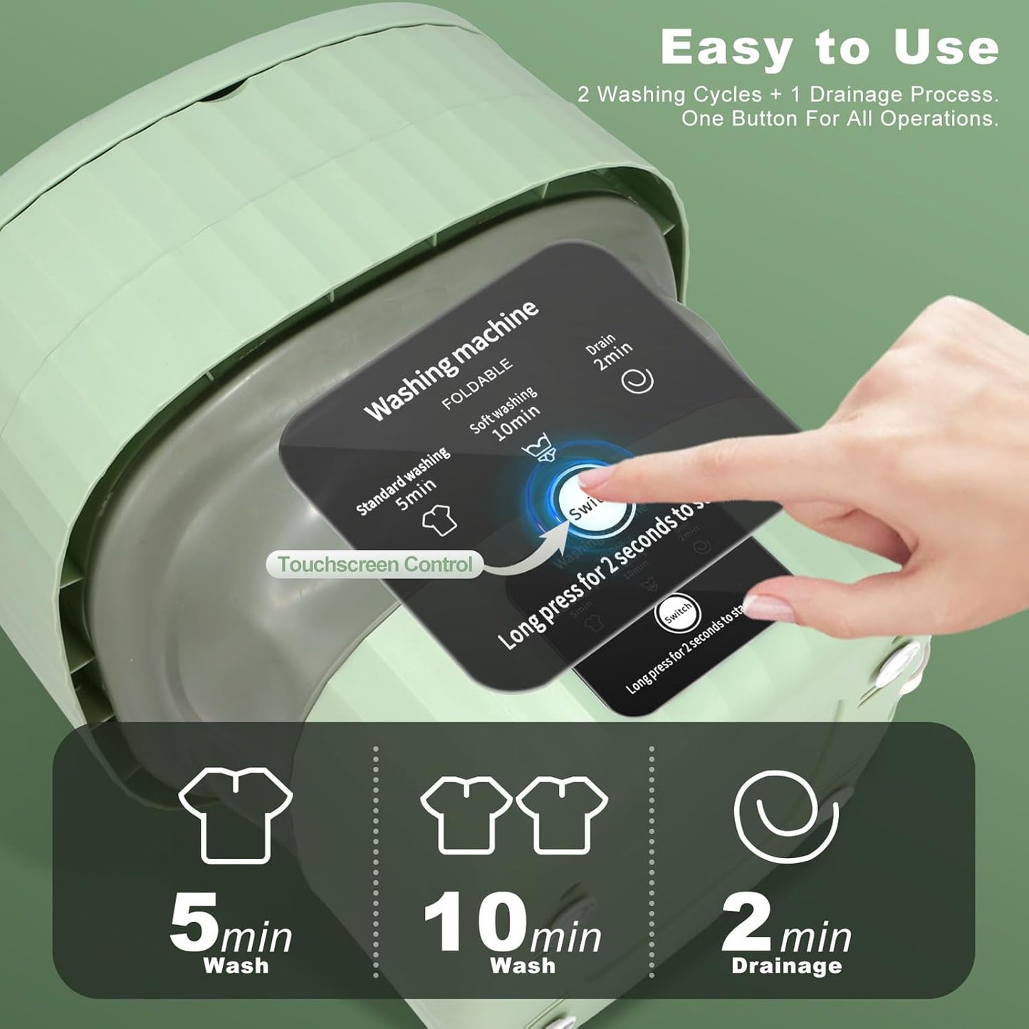 Portable Washing Machine, 9L, 3 Modes, Blue Light Disinfection, Ideal for Underwear, Socks, Baby Clothes. Foldable for Space-Saving, Perfect for Apartments, Hotels, Camping & Travel (Green)