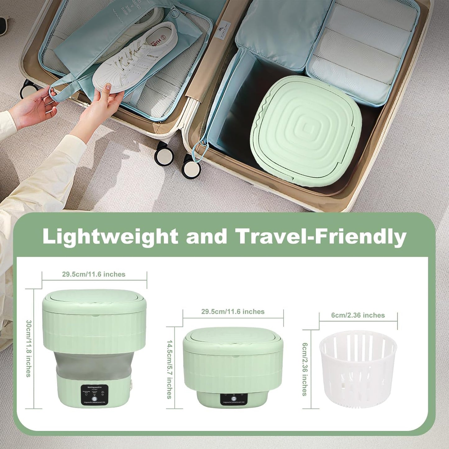 Portable Washing Machine, 9L, 3 Modes, Blue Light Disinfection, Ideal for Underwear, Socks, Baby Clothes. Foldable for Space-Saving, Perfect for Apartments, Hotels, Camping & Travel (Green)