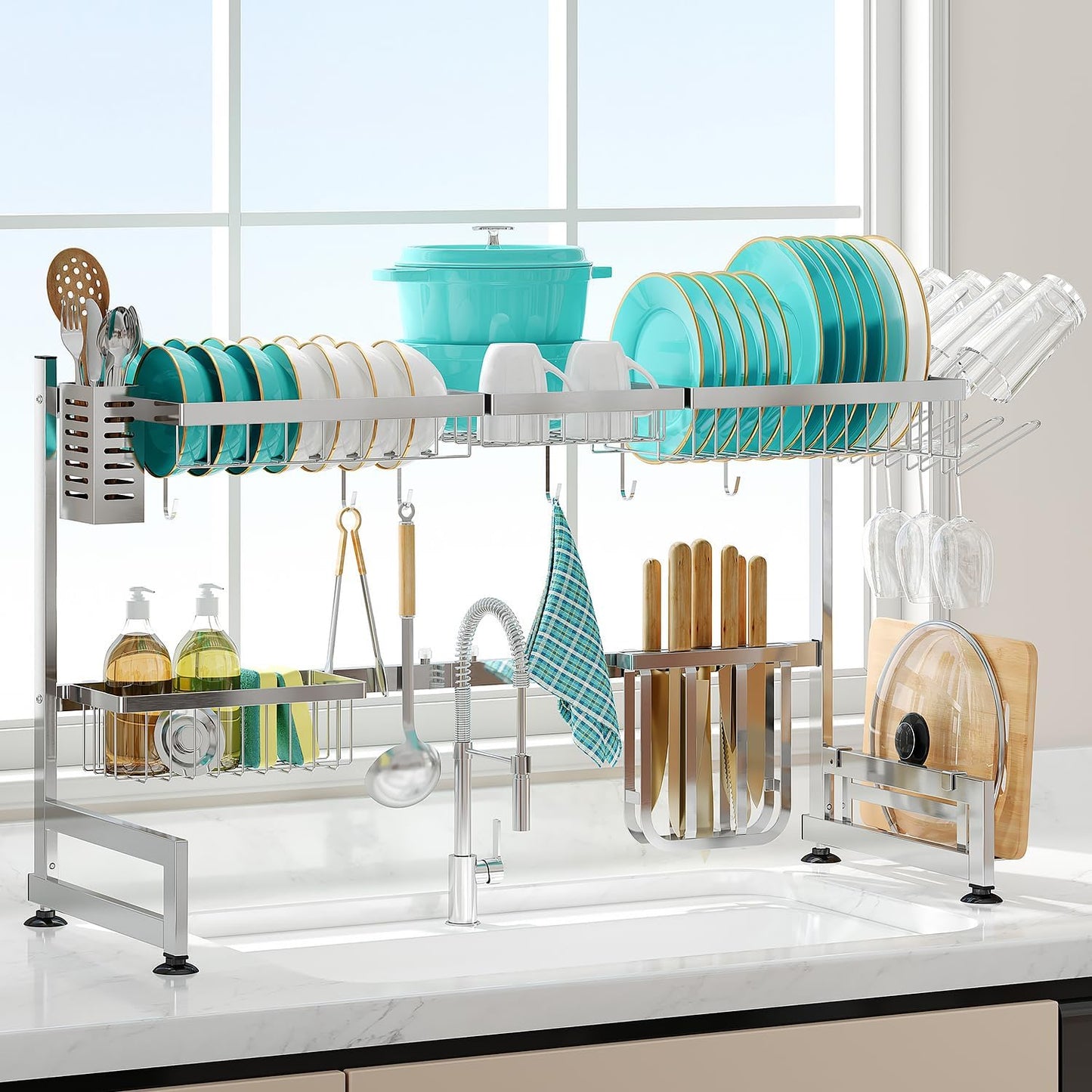 3 Tier Extra Large Stainless Steel Expandable Over The Sink Dish Drainer Drying Rack, Rust Proof Metal, Space Saving, Modern Black Big Capacity Extendable Plate Strainers Above Kitchen Counter