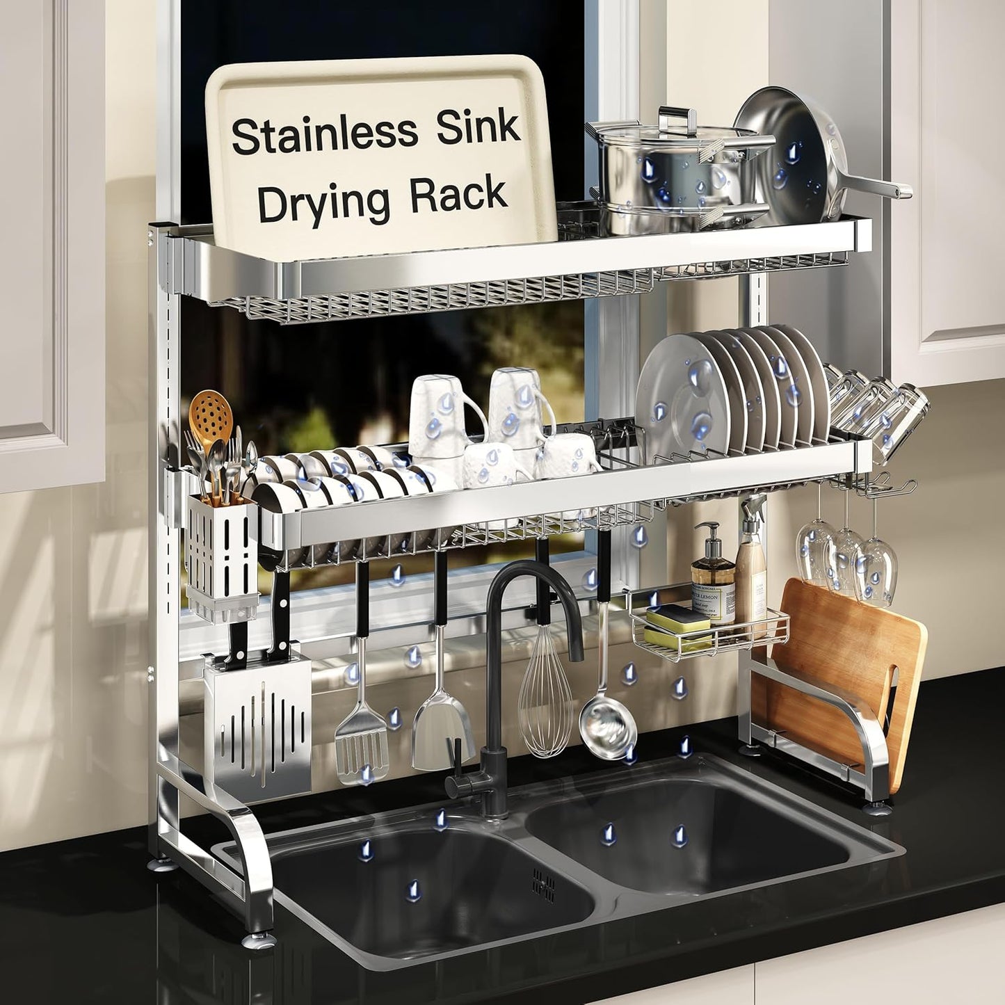 3 Tier Extra Large Stainless Steel Expandable Over The Sink Dish Drainer Drying Rack, Rust Proof Metal, Space Saving, Modern Black Big Capacity Extendable Plate Strainers Above Kitchen Counter