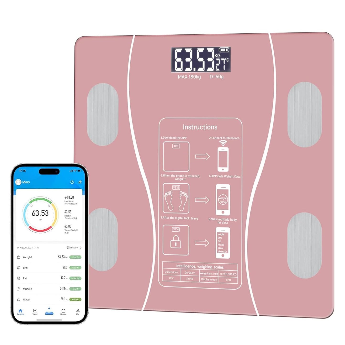 Intelligent Body Fat Scale, a Simple and Practical Digital Scale That can be Connected to a Mobile Digital Bathroom Scale to Display BMI, Body Fat, Muscle Mass, and Durable Weight Scale (Black)