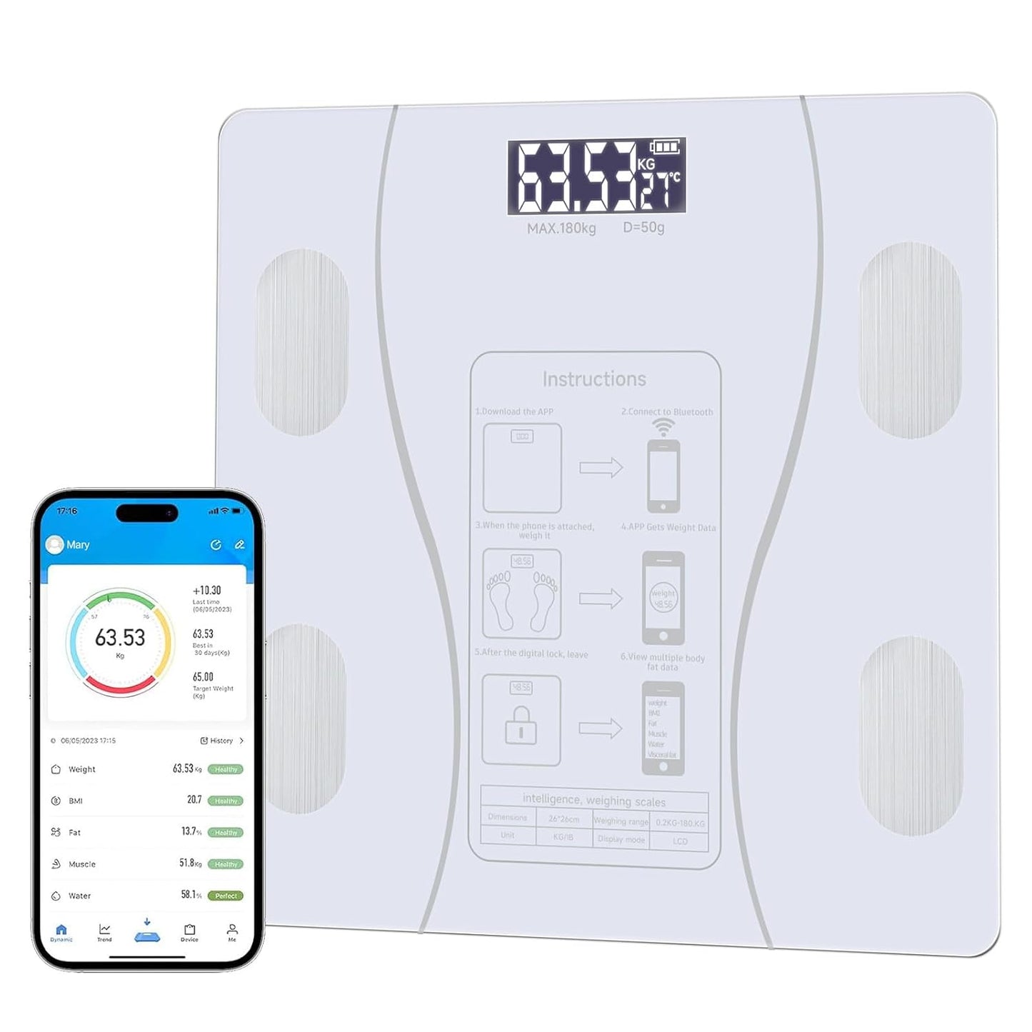 Intelligent Body Fat Scale, a Simple and Practical Digital Scale That can be Connected to a Mobile Digital Bathroom Scale to Display BMI, Body Fat, Muscle Mass, and Durable Weight Scale (Black)