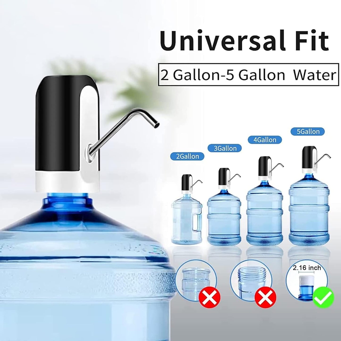 5 Gallon Water Bottle Dispenser, USB Charging Water Bottle Pump, Electric Drinking Portable Water Dispense for 2-5 Gallon, Low Noise Water Jug Dispenser,Water Bottle Switch for Kitchen Camping
