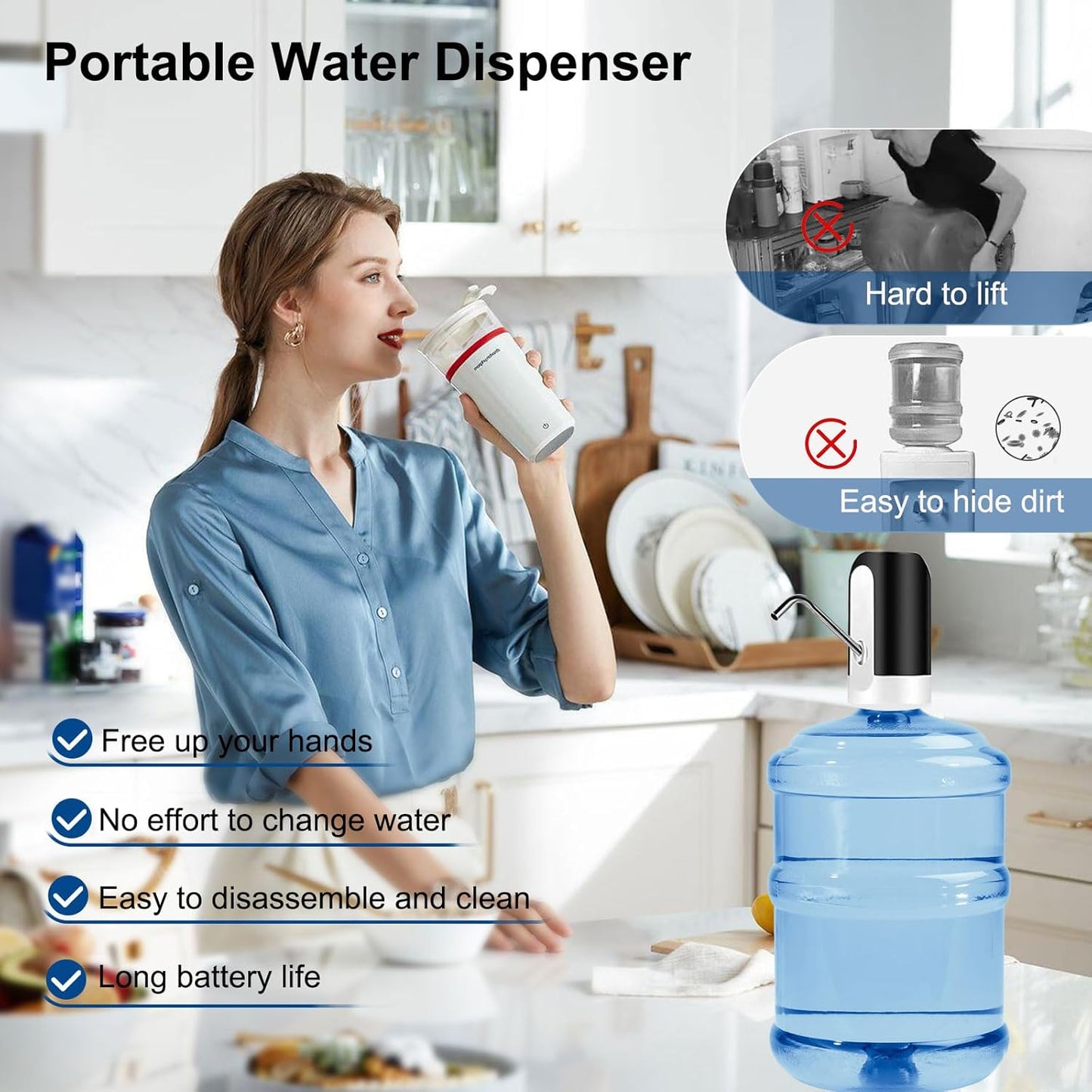 5 Gallon Water Bottle Dispenser, USB Charging Water Bottle Pump, Electric Drinking Portable Water Dispense for 2-5 Gallon, Low Noise Water Jug Dispenser,Water Bottle Switch for Kitchen Camping