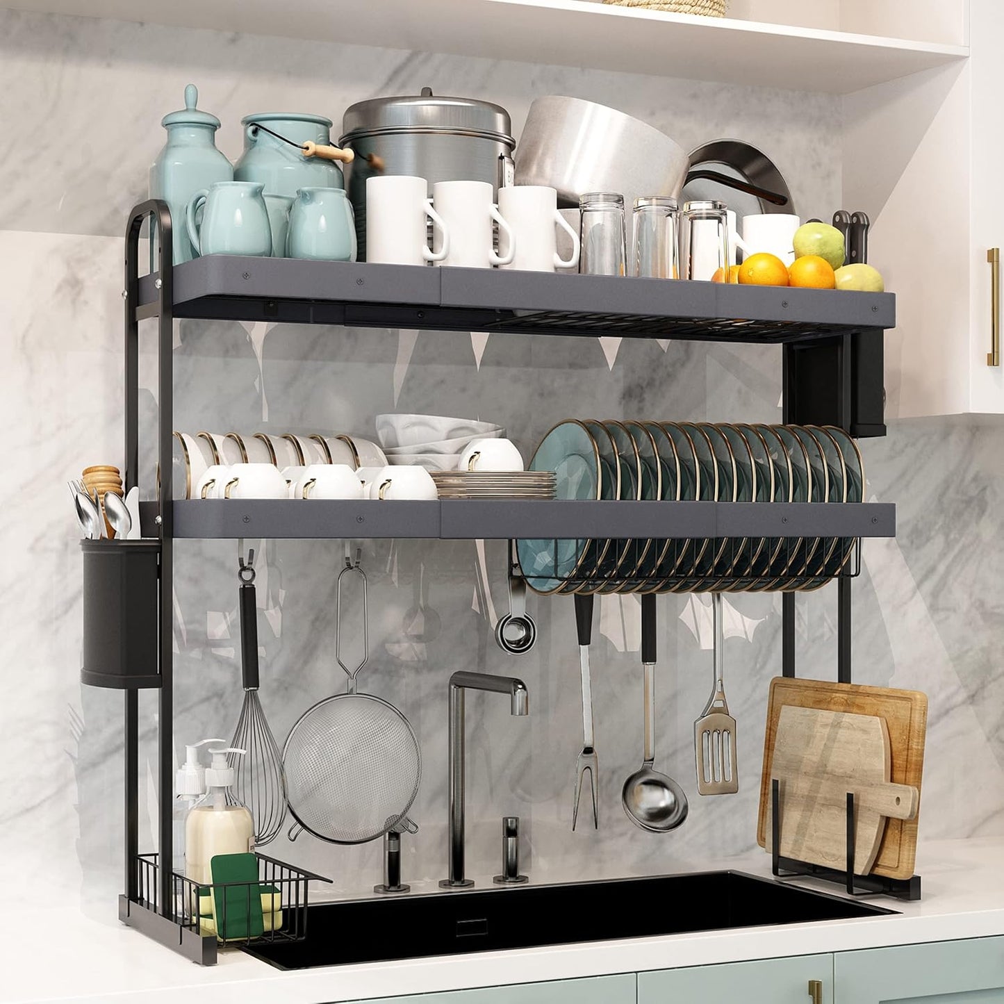 3 Tier Extra Large Stainless Steel Expandable Over The Sink Dish Drainer Drying Rack, Rust Proof Metal, Space Saving, Modern Black Big Capacity Extendable Plate Strainers Above Kitchen Counter
